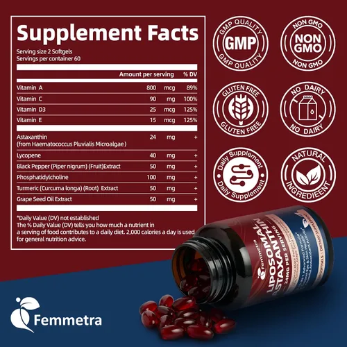 Vista 7 de Suplementos de astaxantina liposomal de 24 mg con licopeno para la salud de los ojos, la piel y el sistema inmunológico, suplemento antioxidante