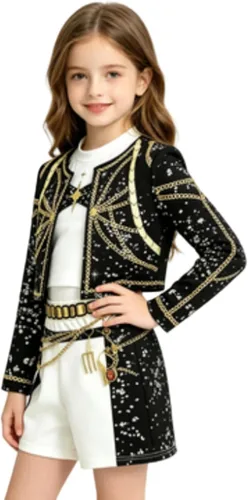 Vista 3 de Vestido con detalle de cadena brillante para niñas, traje de rendimiento inspirado en la moda K-pop para niñas
