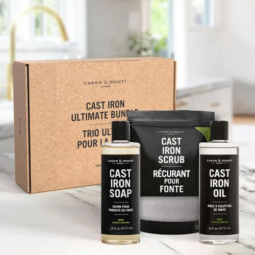 Vista 2 de CARON & DOUCET – Juego Ultimate de Hierro Fundido PLUS: Aceite para Sazonar, Jabón de Limpieza y Exfoliante Restaurador 100% a Base de Plantas y 2