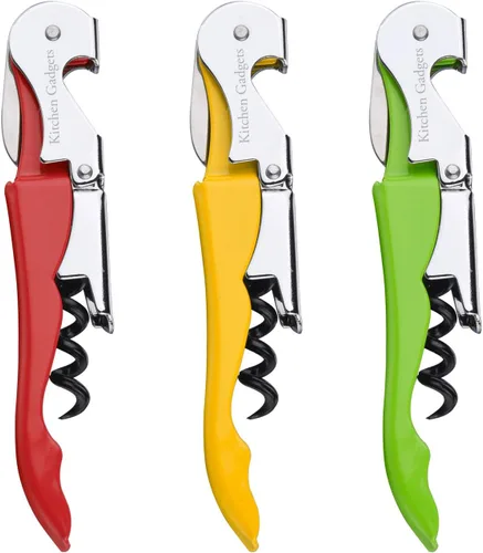 Vista 6 de Sacacorchos para abrevinos, paquete de 3, multiherramienta 3 en 1: sacacorchos de doble bisagra + cuchillo cortador de papel de aluminio + abridor
