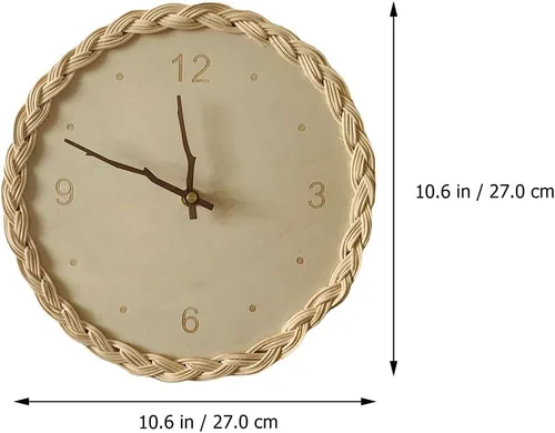 Vista 4 de Garneck Reloj de pared colgante de ratán, reloj silencioso de madera, reloj silencioso para sala de estar, reloj montado en la pared, reloj colgante