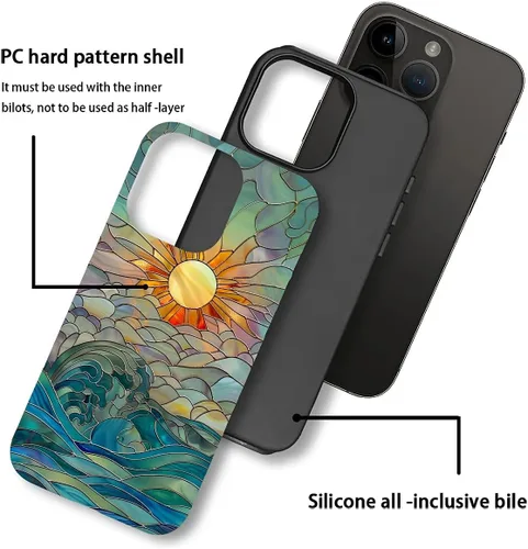 Vista 2 de DAIZAG Funda compatible con iPhone 15 Pro Max, Rayos de Sol Olas del Océano Vidrio Manchado Patrón Completo Plástico Suave TPU Anti-Caídas, Doble