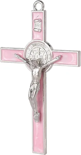 Vista 5 de VINETEN Crucifijo - Cruz de Pared de San Benito que da Bendición y Cruz de Pared Espiritual Sagrada de Esmalte Rosa para Niña de 5 Pulgadas