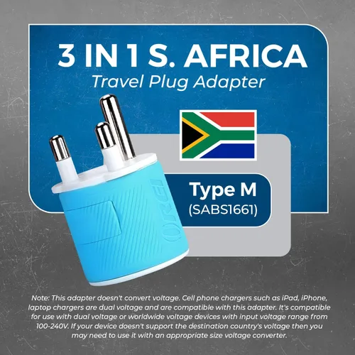 Vista 6 de OREI Adaptador de enchufe para viajes a Sudáfrica, Botsuana, Namibia con doble USB - Entrada EE. UU. - Tipo M (U2U-10L), Funcionará con teléfonos
