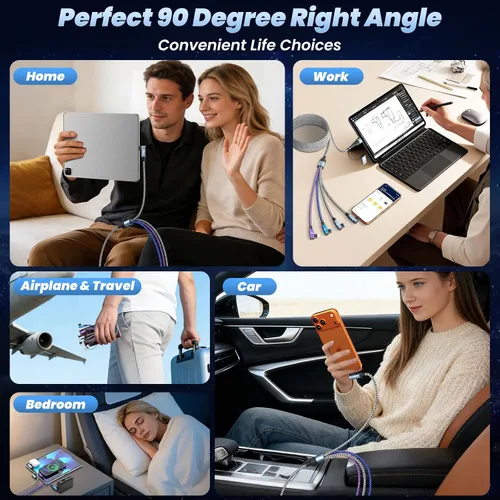 Vista 5 de Cargador de teléfono de 90 grados, cable de carga múltiple 4 en 2, cable USB C CarPlay con doble tipo C, micro USB, puerto IP, cable USBC de nailon