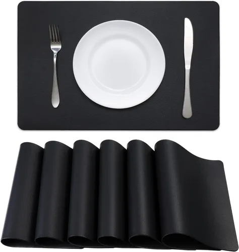 Vista 14 de Juego de 4 manteles individuales de cuero sintético de Halloween HeloHo, manteles individuales negros para mesa, impermeables, resistentes al