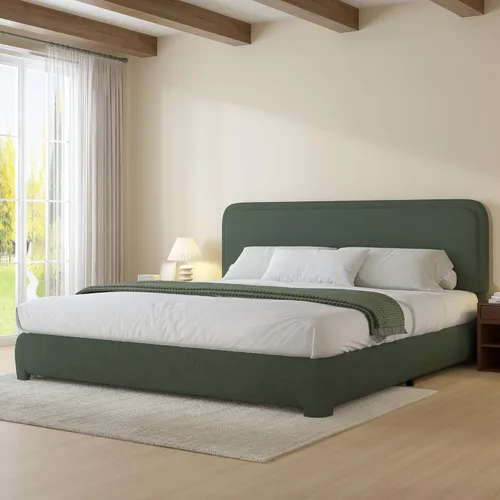 Vista 24 de BarnFurin Base de cama individual con cabecero, cama de plataforma tapizada Cloud Boucle, esquinas redondeadas suaves, no necesita somier, Beige