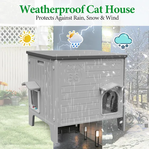 Vista 7 de Deblue Casa para Gatos de Exterior Resistente a la Intemperie Grande de Plástico Casas para Gatos con Puerta de Escape Interior Impermeable Refugio