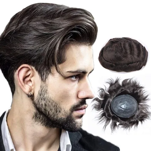 Vista 6 de Toupee para hombres, cabello humano para hombre, piezas de cabello de 0.002 in, piel suave y fina, un solo nudo, natural, ondulado, sistema
