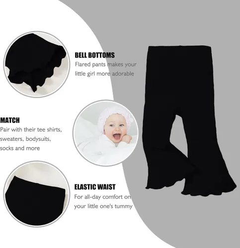 Vista 2 de SOBOWO Pantalones acampanados para bebé, paquete de 3 unidades para niña pequeña, color liso, acanalado, con volantes, pantalones acampanados