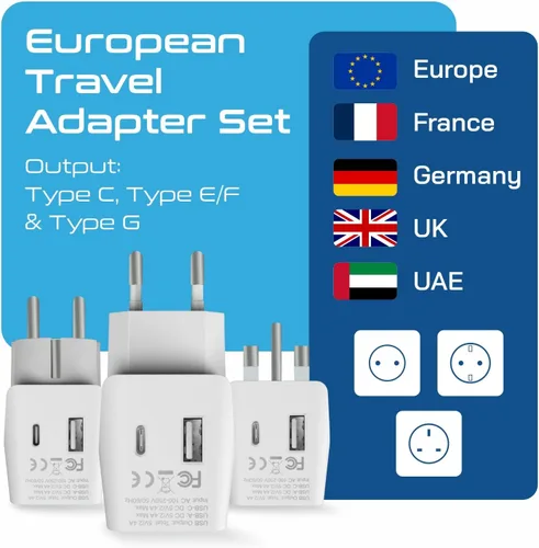 Vista 2 de Ceptics Set completo europeo de adaptador de viaje por Ceptics con USB dual - Tipo G, E/F, C - Londres - Entrada EE. UU. - Peso ligero - Perfecto