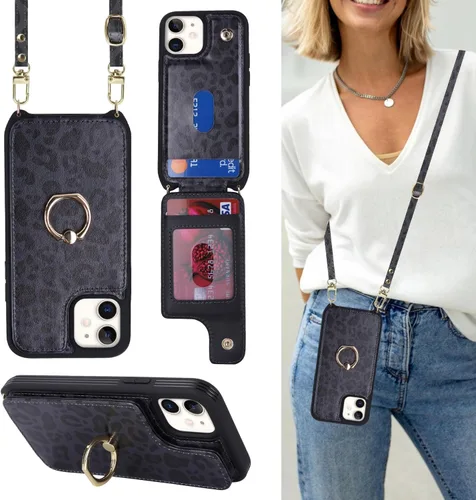 Vista 16 de Lipvina Funda tipo cartera cruzada para iPhone 12 Mini con correa, color negro