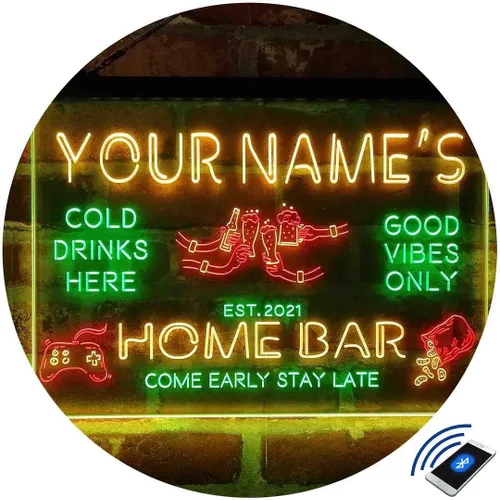 Vista 3 de Letrero de luz de neón LED tricolor para fiesta de cerveza, bar, personalizable, nombre, fecha, texto y cita, fuente verde y rojo y amarillo, 13 x