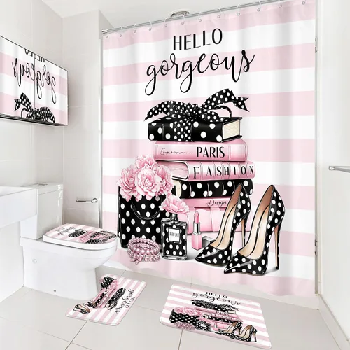 Vista 4 de Juego de cortina de ducha de baño de 4 piezas de perfume de libros de moda A1-rosa Negro Blanco