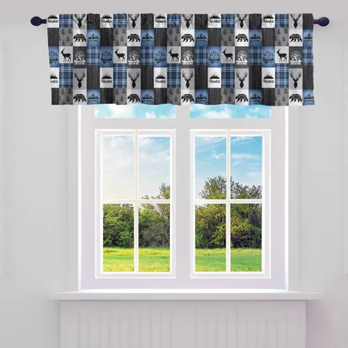 Vista 17 de Cortinas de cenefa de cabaña estilo retro, color negro y rojo, rayas de madera, cenefas de ventana para niños, adolescentes y adultos, oso salvaje
