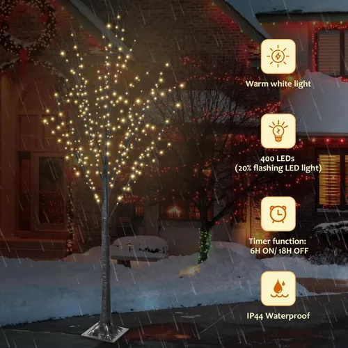 Vista 2 de Árbol iluminado con 400 luces LED de 5 pies, incluye luces parpadeantes, abedul LED con temporizador para exteriores, interiores, Pascua, Navidad