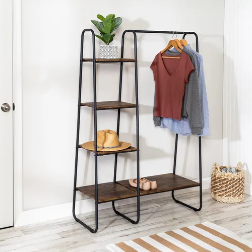 Vista 2 de Honey-Can-Do Perchero de metal independiente con estantes de madera, negro/natural, GAR-09567