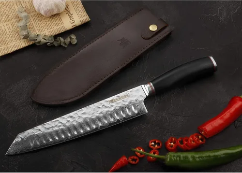 Vista 4 de YOUSUNLONG Kiritsuke - Cuchillo de chef japonés de acero Danascus de 10 pulgadas, afilado, mango de madera de plomo natural con funda de cuero