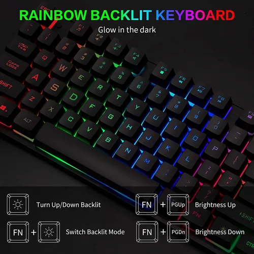 Vista 3 de Combo de teclado y mouse RGB para juegos, retroiluminación LED, 104 teclas, teclas programables multimedia, para PC, portátil, PS4, Xbox, color negro
