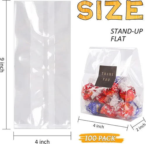Vista 5 de LOKIQNG - Paquete de 100 bolsas de celofán, bolsas de plástico transparentes para galletas, bolsas de dulces con lazos giratorios y 100 bolsas