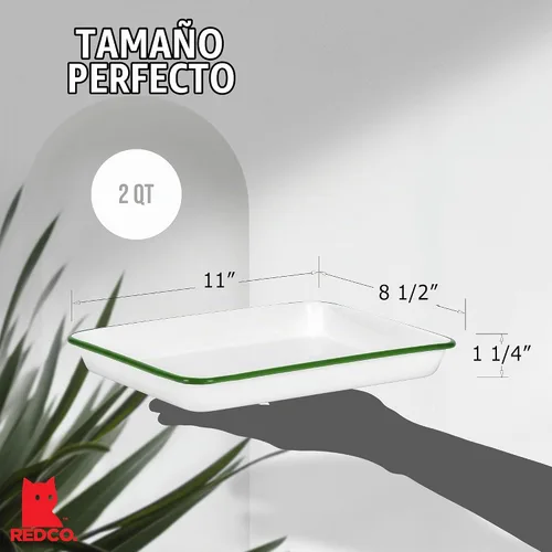 Vista 6 de Red Co. Bandeja rectangular clásica de metal esmaltado de 11 x 9 pulgadas, 2 cuartos de galón, borde blanco sólido/verde oscuro Borde blanco/verde