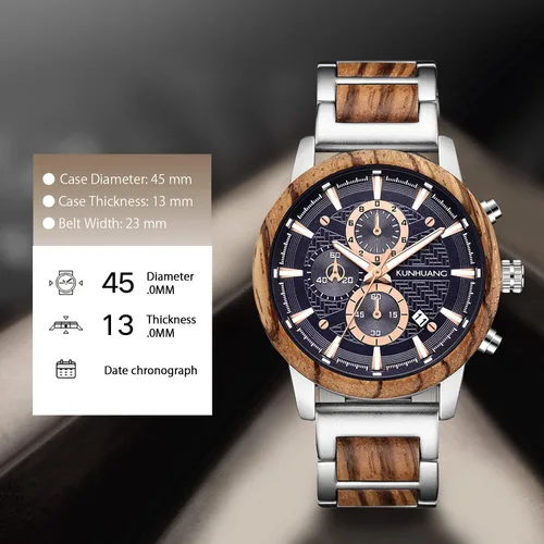 Vista 5 de Relojes de madera para hombre, cronógrafo de cuarzo multifuncional y reloj de pantalla de fecha para hombre, reloj de pulsera de madera hecho a