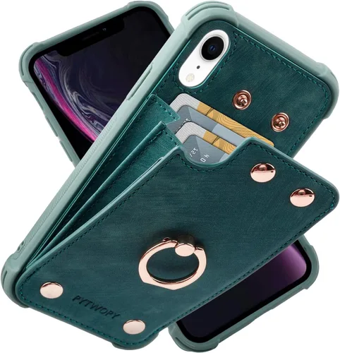 Vista 48 de Funda tipo cartera compatible con iPhone XR/10R con tarjetero de crédito, funda protectora de cuero a prueba de golpes compatible con anillo