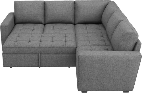 Vista 8 de HONBAY - Sofá seccional modular con cama desplegable, sofá convertible de lino en forma de L con asiento de almacenamiento, sofás seccionales