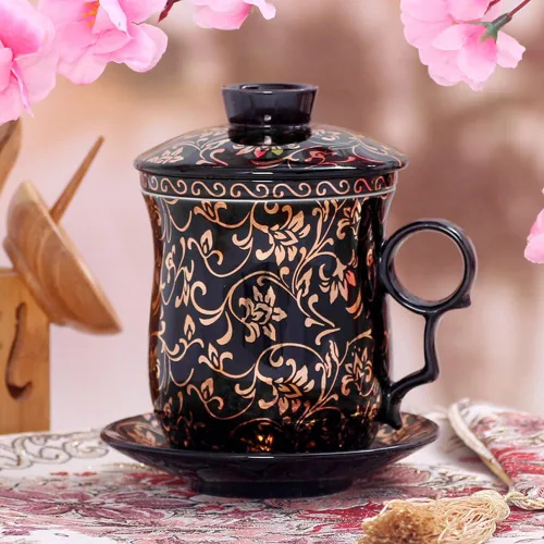 Vista 7 de Taza de té de porcelana con tapa de infusor y juegos de platillos – Taza de café de cerámica china Jingdezhen Taza de té de hoja suelta Sistema
