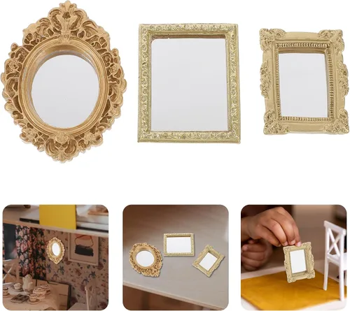 Vista 8 de NUOBESTY 3 espejos dorados en miniatura, espejos para casa de muñecas, espejos clásicos en relieve, espejo tallado antiguo, accesorios de decoración