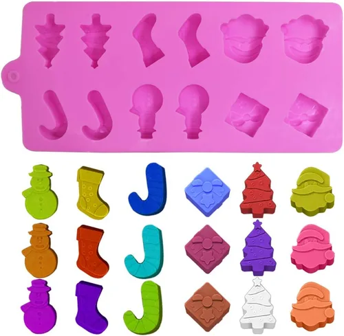 Vista 2 de YuCool Paquete de 3 moldes de silicona de Navidad para chocolate y caramelos, pequeños moldes de silicona para hornear – rojo, verde, rosa