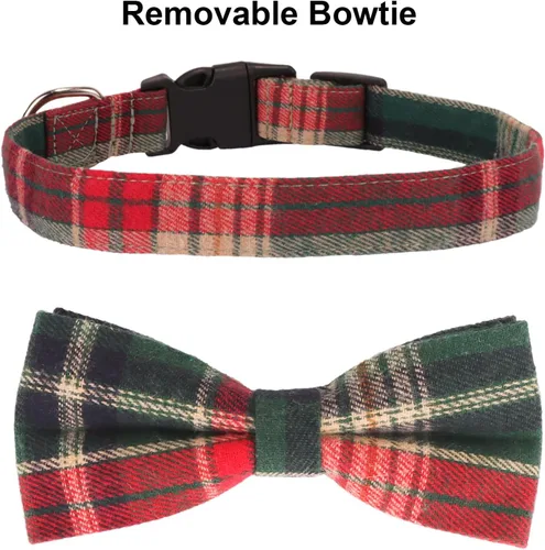 Vista 5 de PTDECOR Collar de Navidad para perro con lazo, ajustable a cuadros rojos y verdes con corbatín extraíble, collares de Navidad para perros pequeños