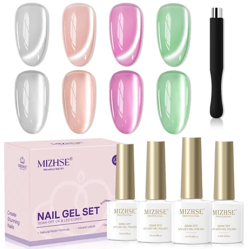 Vista 12 de MIZHSE Quick Dry Cat Eye Gel Nail Polish Set 4 Colors Long Lasting Silver Magnetic & Jelly Sheer Shades with Magnet Stick, High Shine Soak Off UV
