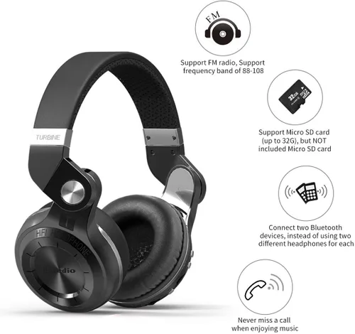 Vista 2 de Bluedio audífonos Bluetooth inalámbricos T2 Plus con micrófono, ranura para tarjeta SD y radio FM, color negro
