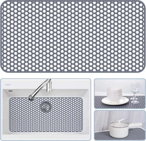 Vista 58 de Bestjing Paquete de 2 protectores de silicona para fregadero de cocina, accesorio de rejilla de cocina de 12 x 11 pulgadas, tapete antideslizante