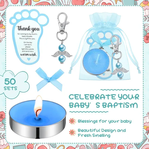 Vista 3 de Landical 50 juegos de regalos de baby shower para invitados, incluyendo 50 velas de té sin perfume, 50 llaveros de ángel, 50 bolsas de regalo, 50