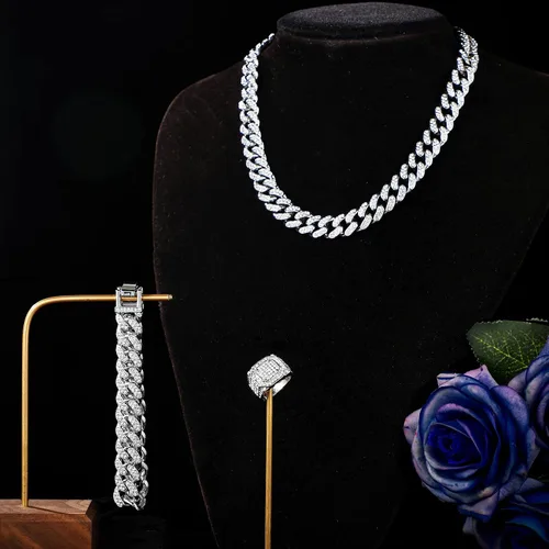 Vista 7 de Kenning Juego de 3 piezas de cadena de eslabones de plata, collar de cadena de eslabones de plata, collar de diamantes de imitación, anillo
