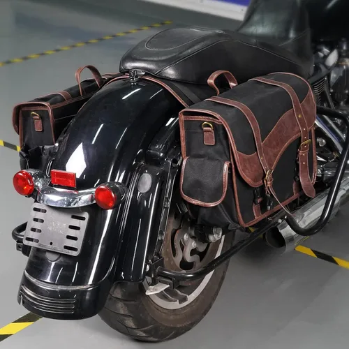 Vista 8 de NICECNC Bolsas de sillín para motocicleta, alforjas vintage de lona encerada en aceite, bolsas laterales de gran capacidad compatibles con Harley