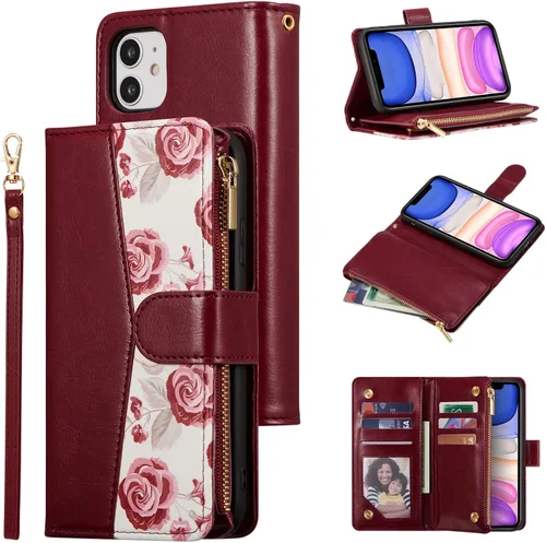 Vista 13 de UEEBAI Funda tipo cartera para iPhone 11 de 6.1 pulgadas, piel sintética con purpurina, cierre magnético, bolsillo con cremallera, ranuras