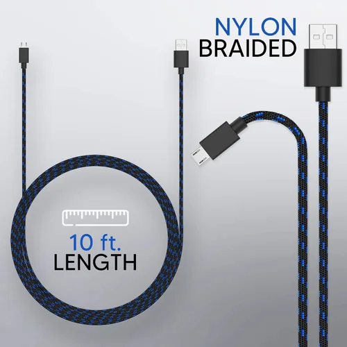 Vista 2 de TALK WORKS PS4 Controller Charging Cable for Playstation 4 - Long 10 Heavy Duty Braided Micro USB Cord Charger Cord for Sony - Black Pack of 2