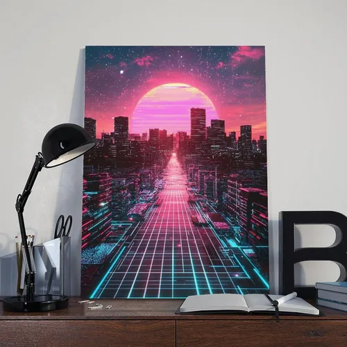 Vista 8 de Synthwave Vaporwave Wall Decor – Neon Pink Blue Retro Futuristic Poster Print Canvas Posters Wall Art Bedroom Office Room Decor Gift