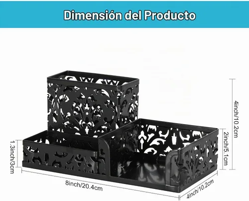 Vista 8 de Organizador para escritorio de oficina, de EasyPag, con 3 compartimentos, con diseño calado de flores, Negro