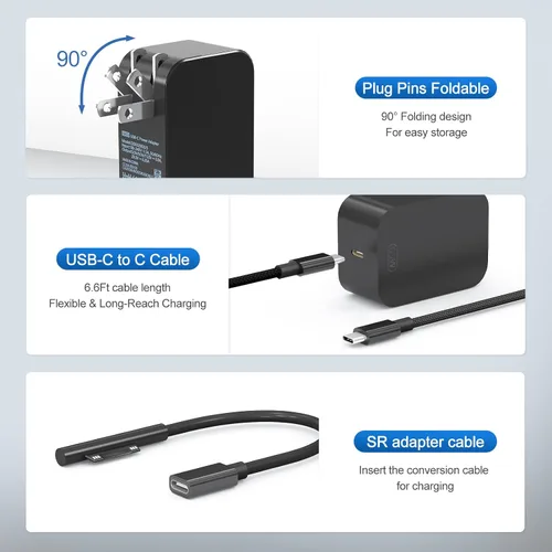 Vista 6 de YURCIPWE Nuevo cargador Surface Pro de 65 W, Microsoft Surface Charge compatible con Surface Pro 11/10/9/8/7+/7/6/5/4/X, Microsoft Surface Book 1 2