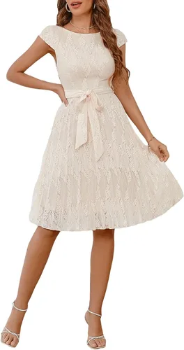 Vista 5 de Floerns Vestido corto elegante de encaje floral con dobladillo plisado y cinturón para mujer