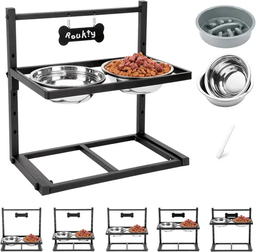 Vista 13 de Cuencos elevados para perros grandes, soporte elevado de 6 alturas ajustables con paspartú, dos tarjetas distintivas y tres cuencos de 57.5 fl oz