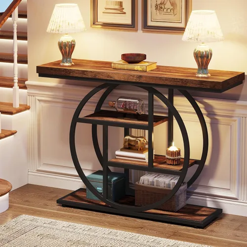 Vista 5 de Tribesigns Mesa de Consola de 41.3", Mesa Industrial de 4 Niveles para Sofá Mesa de Entrada con Base Circular, Mesas de Acento de Madera Estrechas