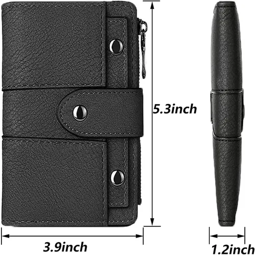 Vista 2 de Cartera pequeña de cuero para mujer con bloqueo RFID y ventana para identificación, Gris oscuro, Classic