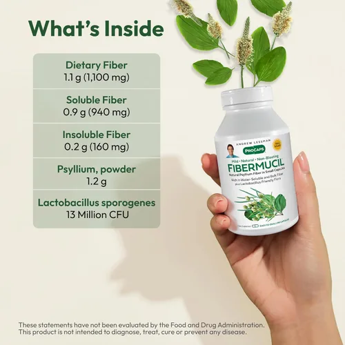 Vista 3 de ANDREW LESSMAN Fibermucil 60 cápsulas - Polvo de cáscara de psyllium. Promueve suavemente la regularidad y la salud digestiva. Rico en fibra. Suave
