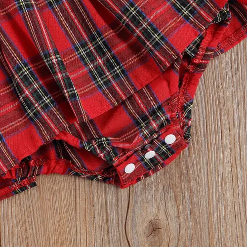 Vista 7 de GuliriFei Mameluco de Navidad para bebés y niñas, vestido de body rojo a cuadros para niños pequeños, manga con volantes, traje de fiesta