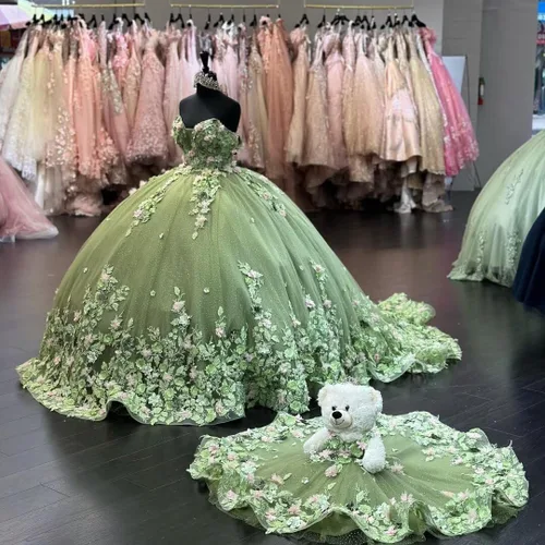 Vista 4 de Mouccy Lujo fuera del hombro vestidos de quinceañera vestido de bola hinchado largo vestidos de baile con tren tul dulce 15 16 vestidos XXF035